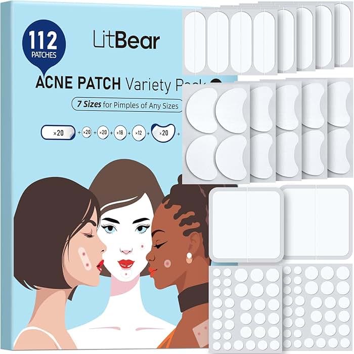 LitBear Large Pimple Patches (7 Sizes 112 Counts), Big Acne Patches, XL Hydrocolloid Bandages for Full Face, Forehead, Chin, Nose, Body, Back, Neck & Chest, Oval, Moon, Square hydrocolloid Patch - Product Image