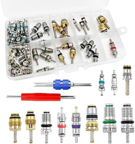 102Pcs Air Conditioning Valve Core - Valve Cores Accessories A/C R12 R134a Accessories Kit, Automotive Air Conditioning Refrigeration Tire Valve Stem Cores Repair Tool Assortment Kit - Product Image