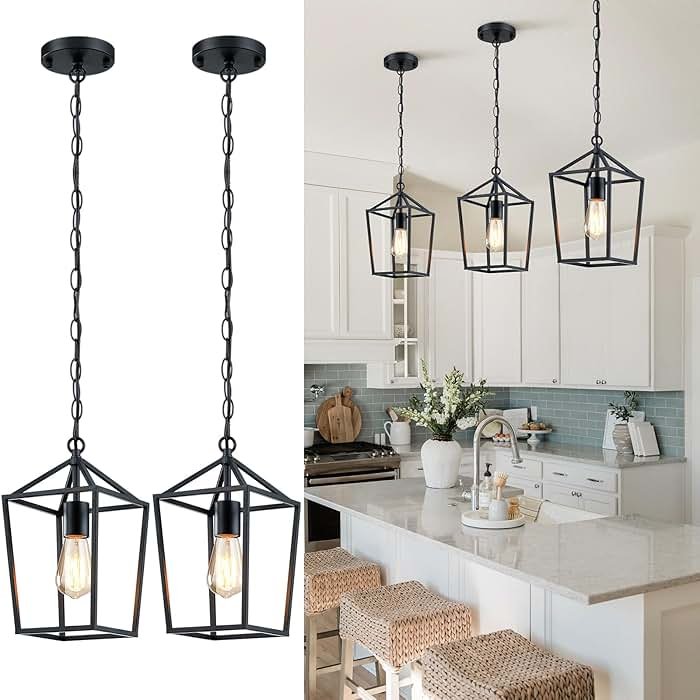 Sheetea 2-Pack Farmhouse Pendant Lights Kitchen Island, Black Pendant Light Fixtures Hanging Lamp for Dining Room, Modern Kitchen Pendant Lighting Over Island, Metal Cage Design - Product Image
