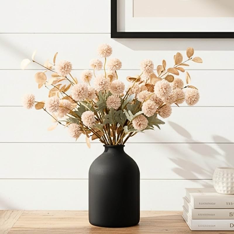 Artificial Flowers for Vase - Beige Silk Mums 10 Long Stems with Eucalyptus, Faux Flowers Home Decor, Neutral Tan Cream Floral Arrangement, Fake Chrysanthemum Pom Pom Stems, Spring Fall Centerpiece - Product Image