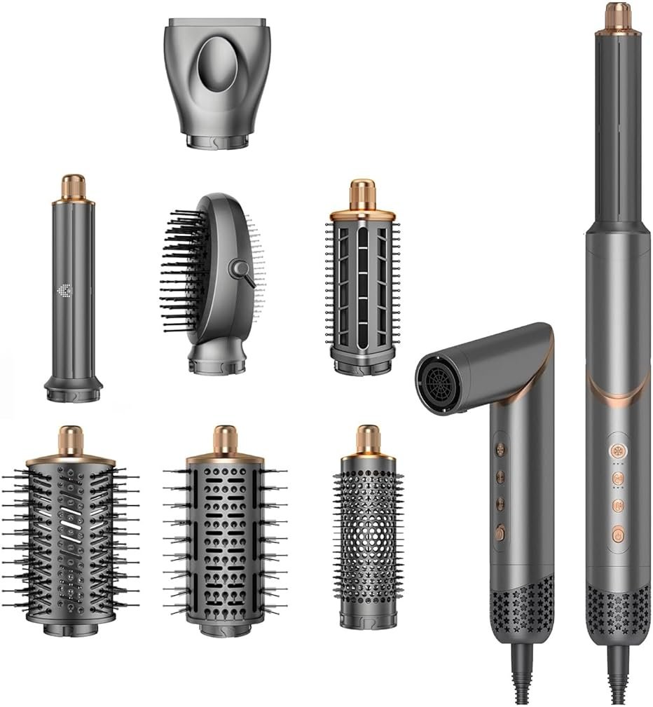 8 in 1 Hair Styler & Air Dryer Wrap Curler, High-Speed Negative Ionic Foldable Hair Tools Fast Drying, Multi Professional Hot Air Styler for Curling Volumizing Straightening Styling (Grey) - Product Image