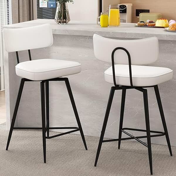 GXJ Bar Stools Set of 2, Kitchen Counter stools with Backs and Metal Legs, 26" Swivel Barstools for Counter Height, Faux Leather in White - Product Image