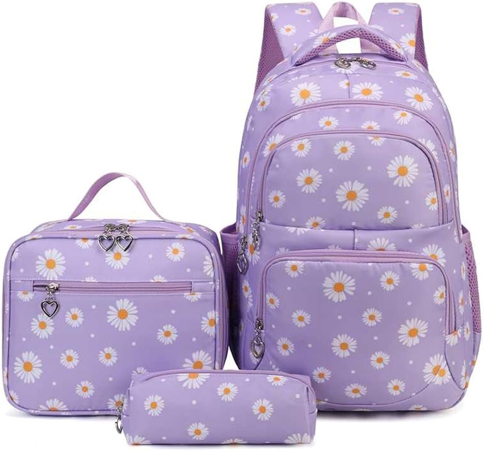 Glodwheat Daisy Printed Backpack For Girls- 3Pc Set With Lunch Box & Pencil Case, Lightweight Water-Resistant Bookbag For Elementary School - Product Image