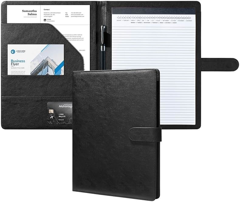 Mymazn Padfolio Portfolio Folder, Faux Leather Interview Resume Folder with Document Organizer & Business Card Holder, Letter-Sized Notepad Legal Pad Holder for Men Women (Black) - Product Image