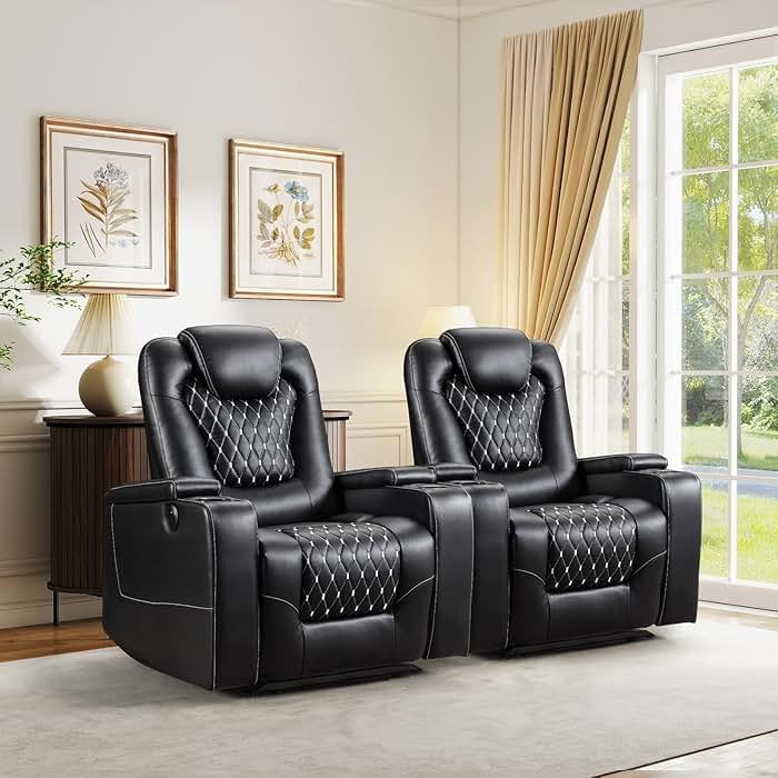 ANJ Power Recliner Chair with USB Ports and Cup Holders - Overstuffed Electric Home Theater Seating PU Leather Reclining Furniture with Hidden Arm Storage, Easy to Clean (Set of 2, Black) - Product Image