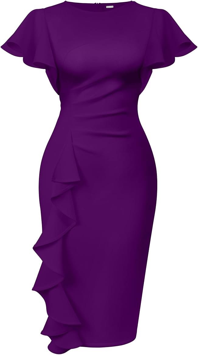 Memoriesea Women's Vintage Church Ruffle Sleeve Ruched Bodycon Work Midi Pencil Dress - Product Image