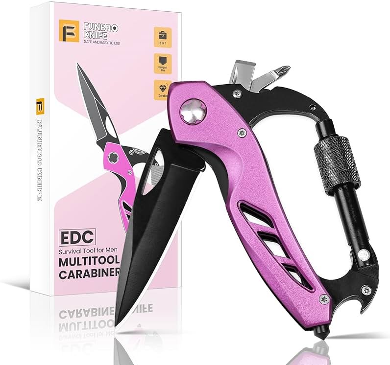 FUNBRO Pink Multitool Carabiner, Stocking Stuffers Gifts for Mom Women Wife, 6-in-1 Keychain Multi Tools with Window Breaker, Bottle Opener and Screwdriver, EDC Gear Gadget for Camping Hiking - Product Image