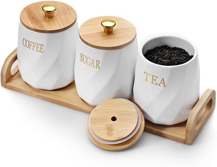 OGANAZI 3 Pack Ceramic Canister Set with Bamboo Lids and Handle Tray, Coffee Tea Sugar Container Set, White Ceramic Storage Jar Kitchen Canister for Countertop - Product Image