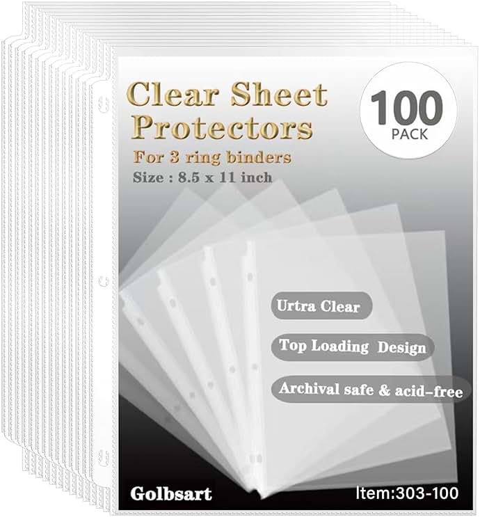 Sheet Protectors 8.5 x11 Inch, 100 Pack Page Protectors for 3 Ring Binder, Top Loading Plastic Sleeves with Reinforced 3-Hole Punch for Binders, Letter Size, for Documents and Photos, Office Supplies. - Product Image