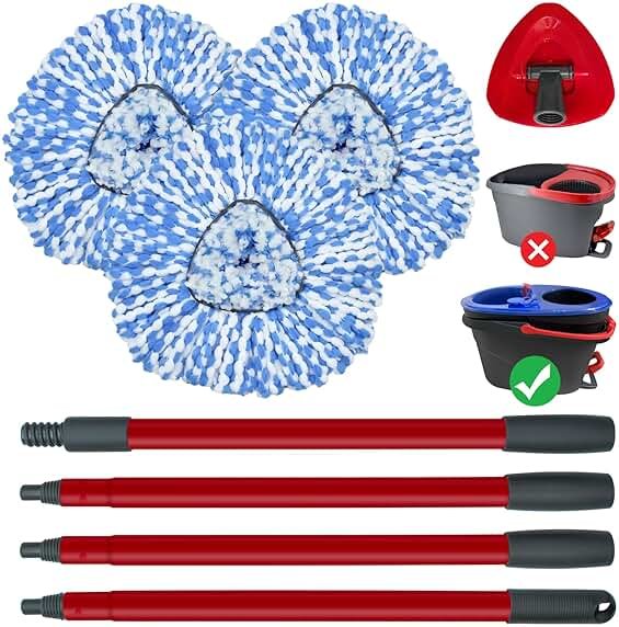 Spin Mop Replace Head, Mop Handle and Base Compatible with Ocedar RinseClean 2-Tank System, 3 Mop Replacement Head, 4-Section Sturdy Iron 30-58in Mop Handle and 1 Triangle Mop Head Cover Combo Set - Product Image