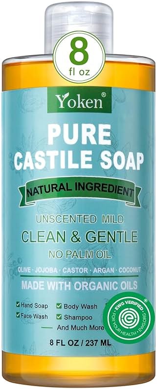 Yoken Pure Castile Liquid Soap Organic (EWG Verified, Unscented, 8 OZ), Made with Organic Oils, No Added Fragrance, Vegan, Castile Soap Liquid for Face, Laundry, Dishes, Sensitive Skin, Travel soaps - Product Image