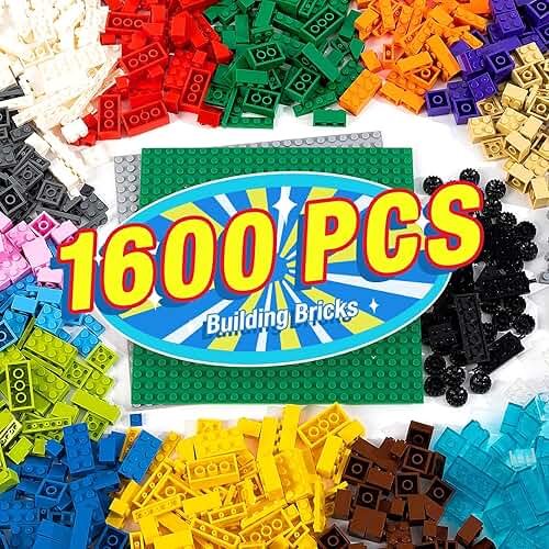 MANNIDOO 1600 Pieces Building Bricks, Building Bulk Block with 2 Packs 24x24 Studs Sticky Plate and 46PCS Wheel Accessory - Compatible with All Major Bricks, Gfits for Kid - 18 Shape/16 Colo - Product Image