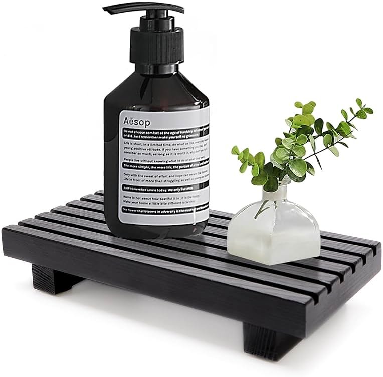 Renawe Small Black Bathroom Decor Tray for Counter Dish Soap Holder Wooden Pedestal Stand for Kitchen Sink Soap Dispenser Wood Risers Kitchen Accessories Countertop Vanity Counter Sponge Sink Tray - Product Image