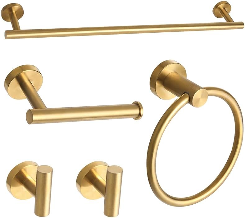Ntipox Brushed Gold Bathroom Hardware Accessories Set 5 Piece, Stainless Steel Bath Towel Bar Set 24 Inch,Toilet Paper Holder,Towel Ring Holder,Towel Rack Set,Gold Bathroom Accessories Kit - Product Image