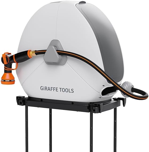 Giraffe Tools Retractable Heavy Duty Hose Reel, 1/2" x 82FT Automatic Rewind Garden Hose Reel with 360° Swivel Base, Ground Mounted for Lawn, Patio, Concrete Floor & Yard Watering - Product Image