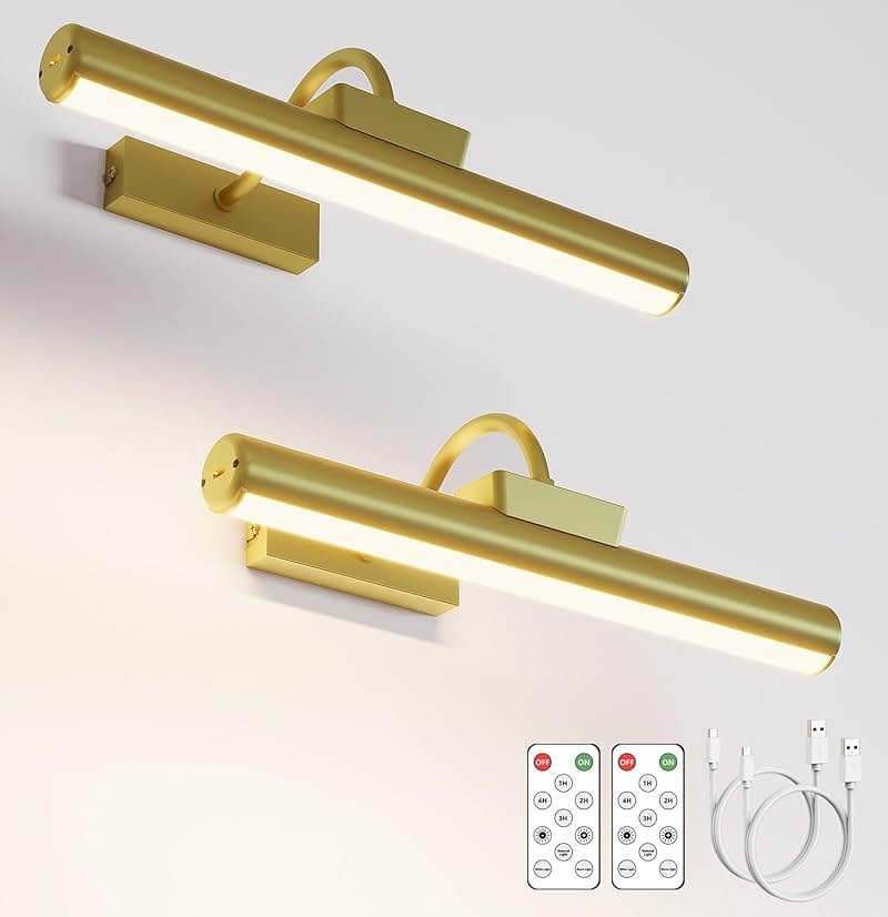 13" Aluminum Wireless Picture Lights for Wall, 5000mAh Rechargeable Battery Operated Wall Art Lighting, Dimmable 3-Color Gallery Painting Light for Pictures On Wall, with Remote/Timer [Gold, 2Pack] - Product Image