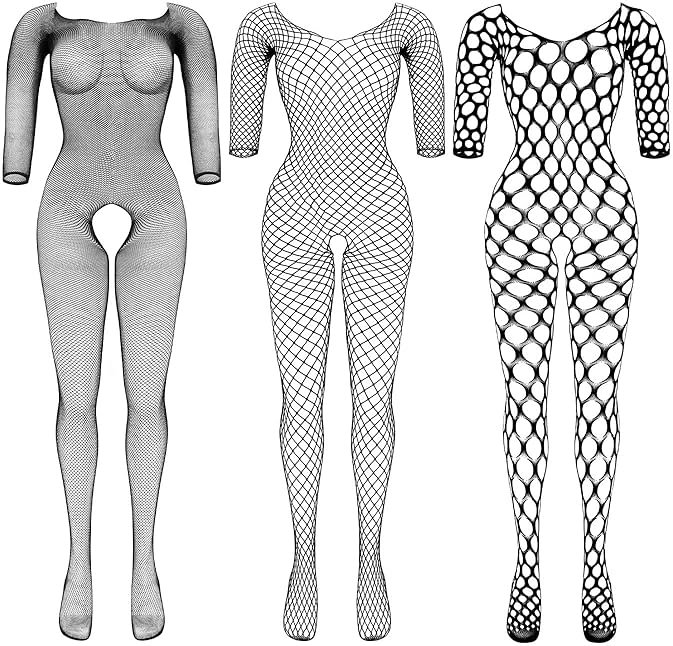 BOARDFEB 3 Packs Women Fishnet Bodysuits Mesh BodyStocking Fishnet Lingerie Long Sleeve Bodysuits One Piece Jumpsuit - Product Image