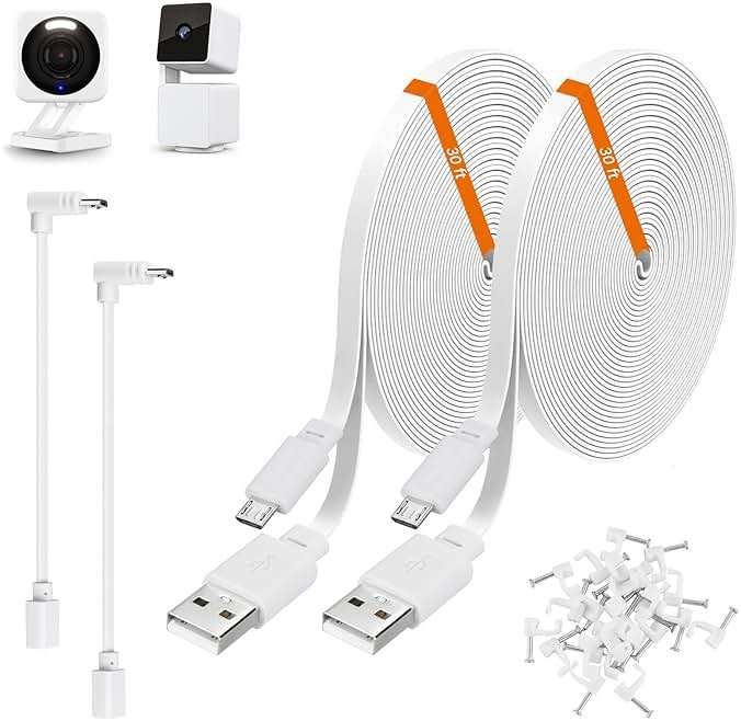 2 Pack 30ft Power Extension Cable Compatible with Wyze Cam v4,Wyze Cam Pan v3,Wyze OG,Wyze Cam v3 and v3 Pro Security Camera - 9m Long Flat USB to Micro USB Charging Cord with L-Shaped Adapter, White - Product Image