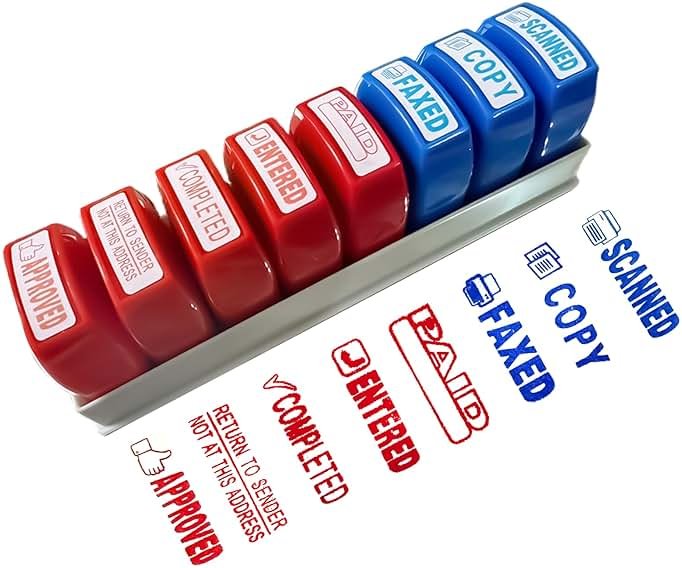 8PCS Office Stamps Set, Paid Scanned Approved Copy Faxed Completed Entered Return to Sender Message Stamp with Storage Tray, Rubber Business Stamp in Red and Blue Ink, Account Finance Staff Supplies - Product Image