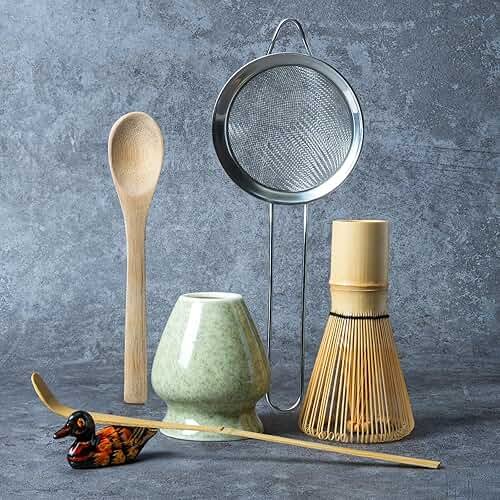 Matcha Whisk Set, Matcha Making Kit Whisk (Chasen Holder), Ceramic Whisk Holder (Mottled Green), Bamboo Scoop, Powder Starter Sifter, Spoon Japanese Tea Tools For Ceremony Gift - Product Image