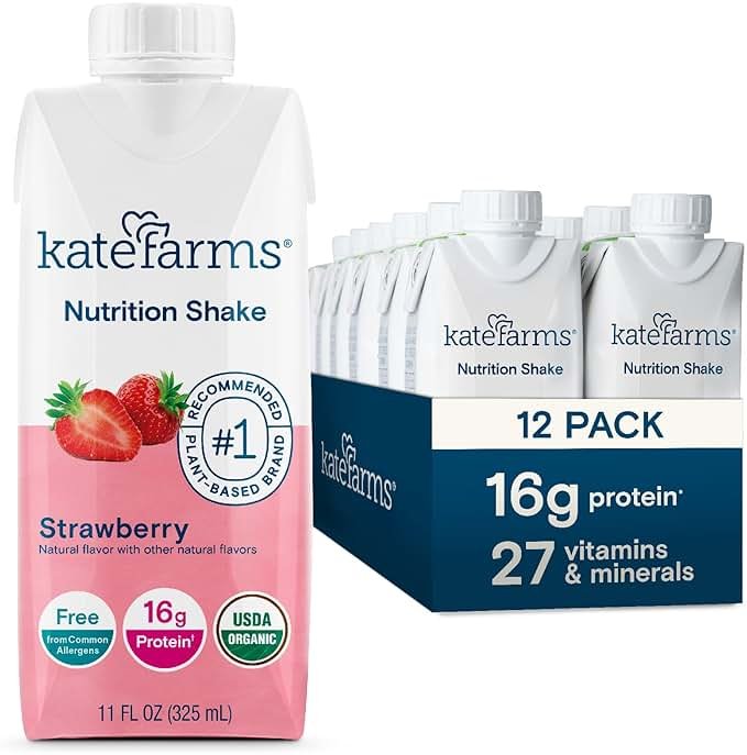 KATE FARMS Organic Nutrition Shake, Strawberry, 16g Protein, 27 Vitamins and Minerals, Meal Replacement, 11 oz (12 Pack) - Product Image