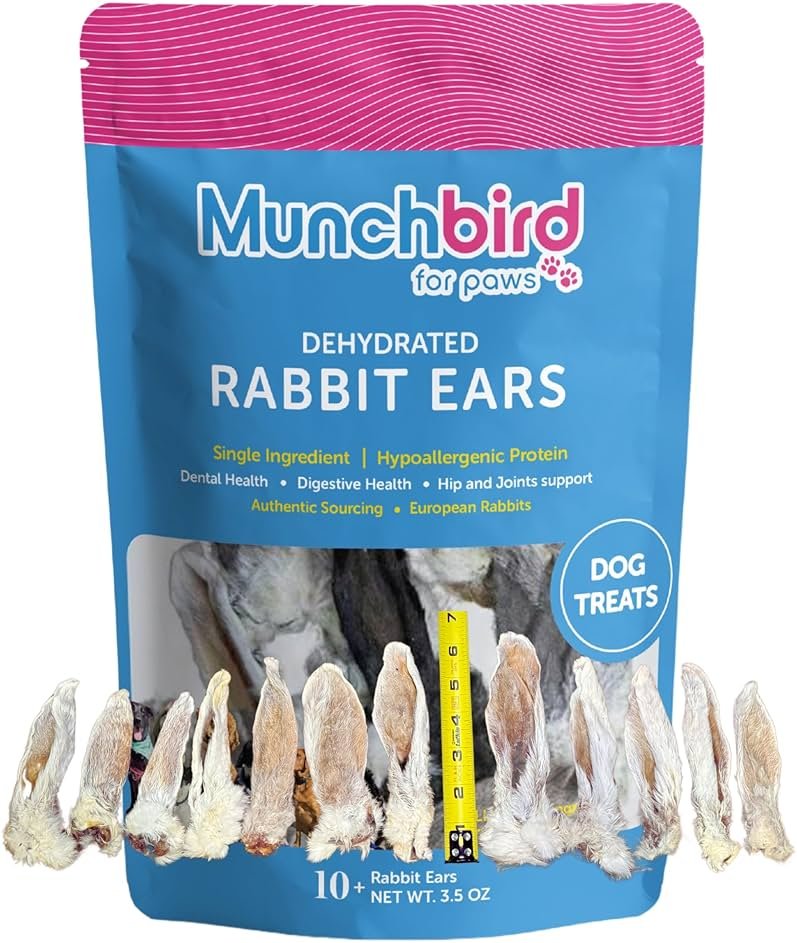 Munchbird Dehydrated Rabbit Ears 100g (3.5 oz) 12-15 pcs for Dogs, European Furry Rabbit Ear Natural Fiber for Pets, Rawhide Free Alternative to Pig Ears Dog Treats, Ear Size Varies - Product Image