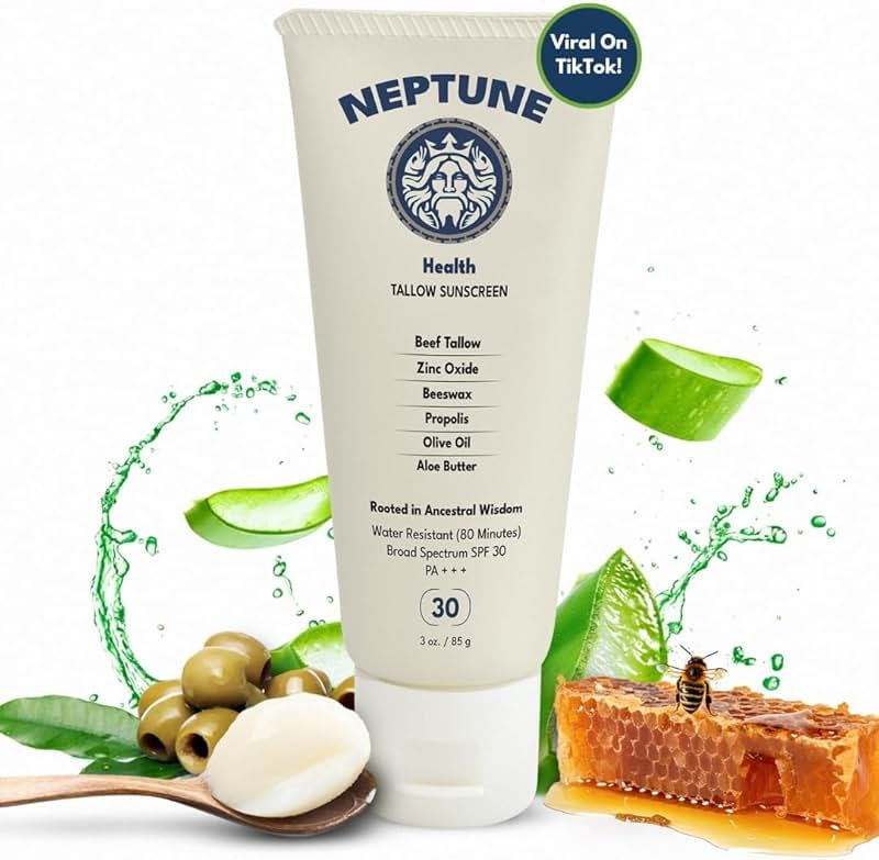 Neptune Non-Toxic Sunscreen - Grass Fed Beef Tallow, Zinc Oxide Mineral Based Sunscreen with Propolis for Skin Healing and Moisturization - Product Image
