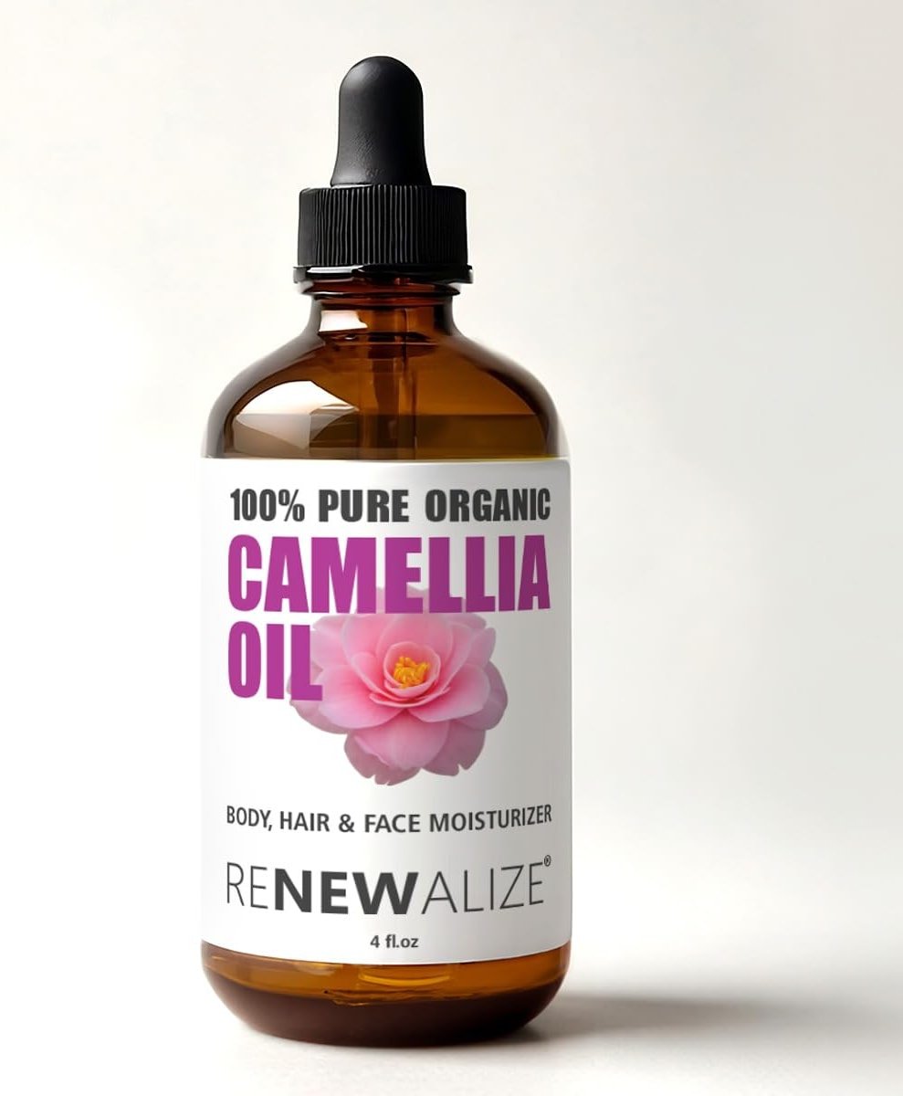 Renewalize ORGANIC CAMELLIA SEED OIL Skin Moisturizer | Unrefined Cold Pressed 100 Percent Pure | Large 4 fl oz bottle | Moisturizing Oil for Hair Face Skin and Body - Product Image