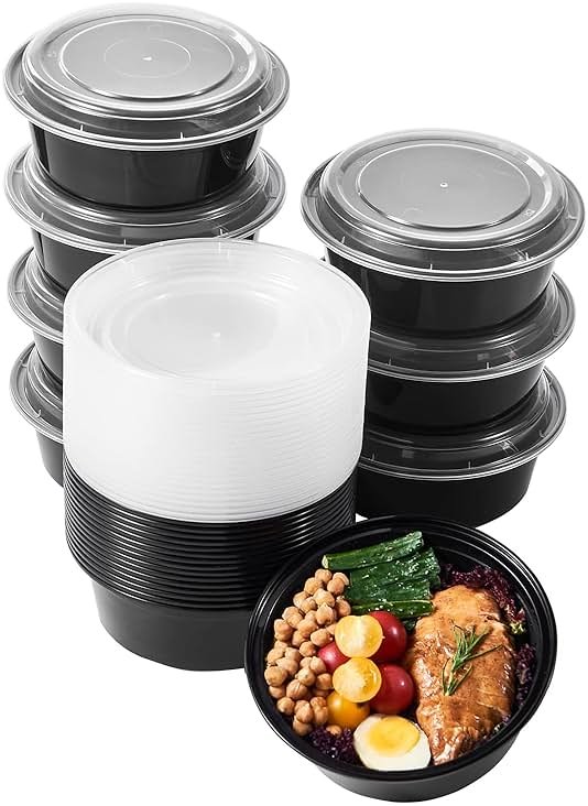 Jaluxing 32 oz 50 ct Round Meal Prep Containers with Lids Plastic Food Storage Lunch Plan To Go Box Disposable Take Out Bowls BPA Free Durable Stackable Microwave Freezer Safe (Formerly FULING) - Product Image