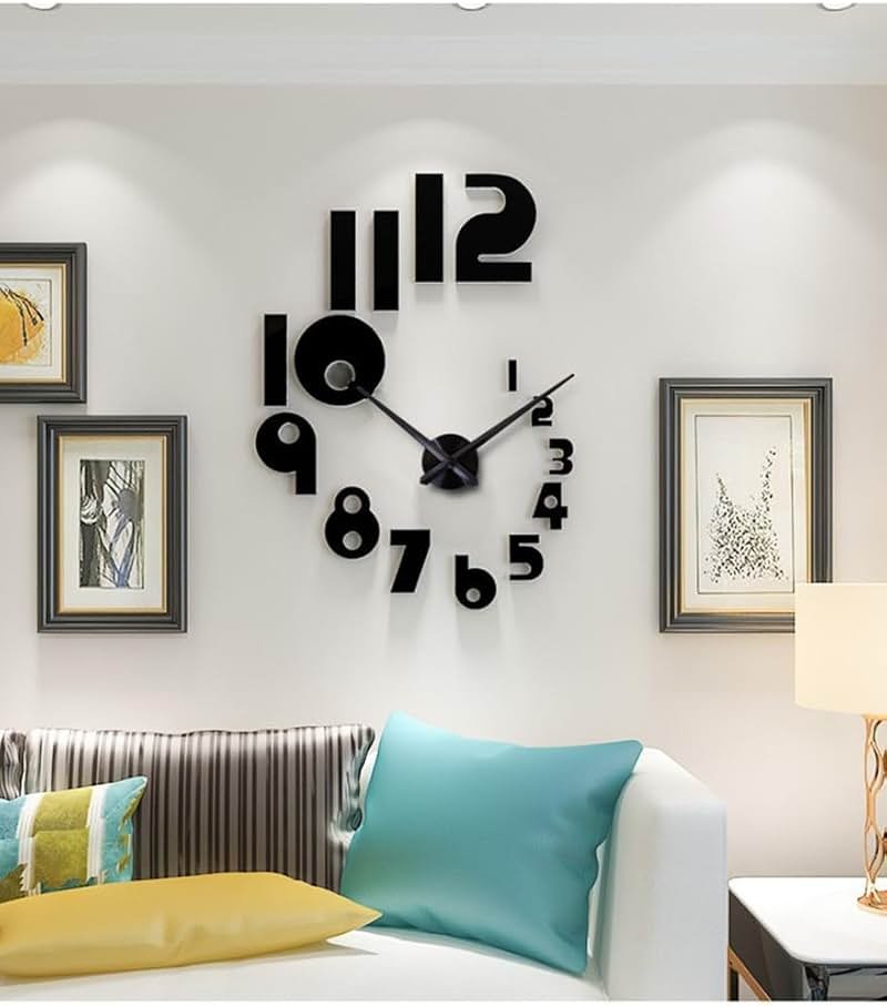 LOZMOM DIY 3D Wall Clock Large Frameless Watch Mirror Surface Wall Art Clock for Living Room Bedroom Office Hotel Wall Decoration (DIYL189-Black) - Product Image