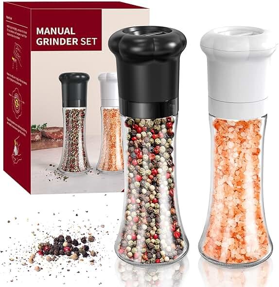 CIRCLE JOY Premium Manual Salt and Pepper Grinder Set, Refillable Salt and Pepper Shakers with Ceramic Blades, Adjustable Coarseness and BPA-free 180ml Glass Container, Tall Black White - Product Image