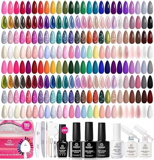 Beetles Gel Nail Polish Set, 119 PCS 100 Colors Nail Gel Polish Kit with Base, Glossy Matte Glitter Top Coat, Nail Nook Pearl Cat Eye White Red Pink Nude Colors, Soak Off UV LED Home Manicure - Product Image