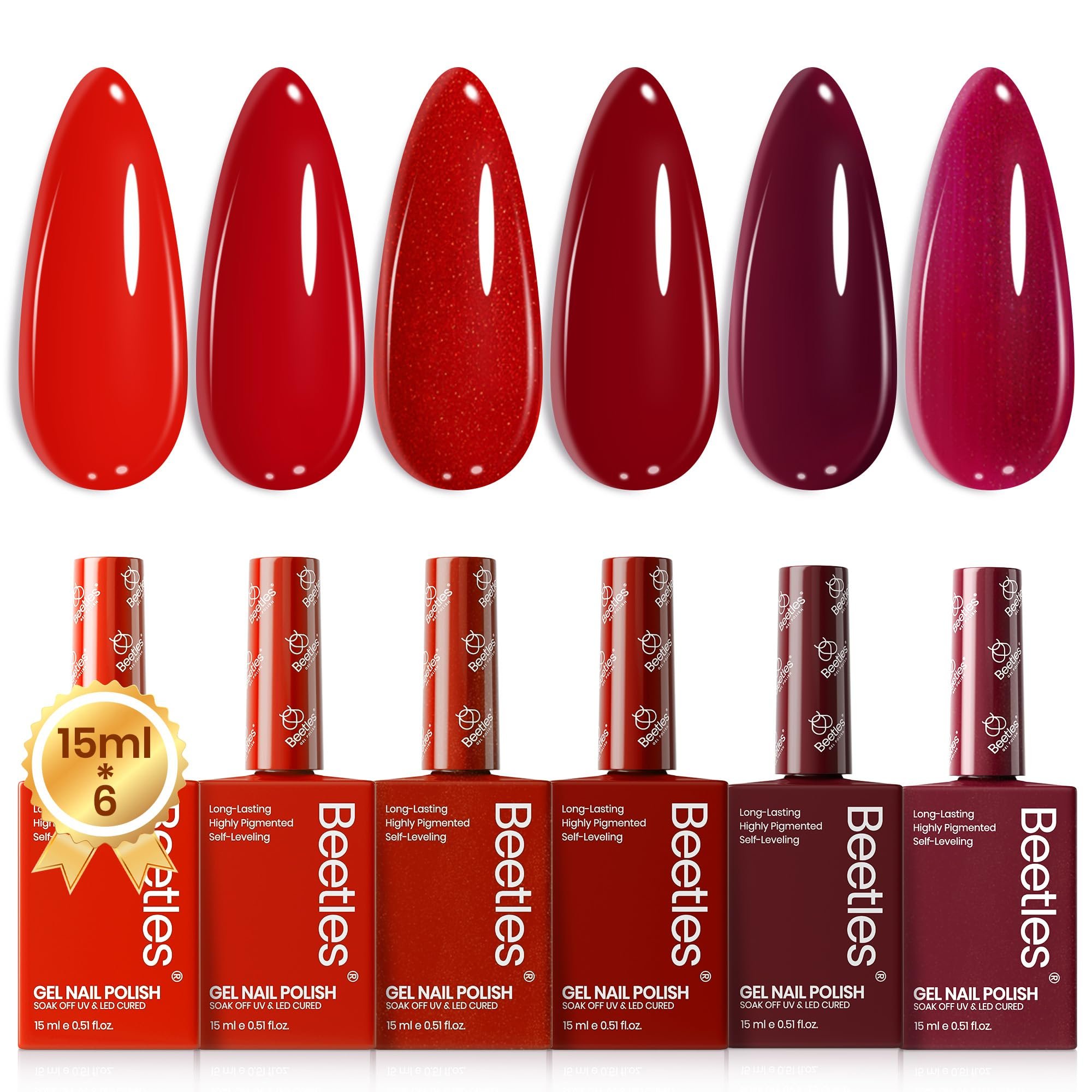 Beetles Red Gel Nail Polish Set-15ML 6 Colors Shimmer Bloody Wine Burgundy Gel Polish Kit Soak Off UV Full Size Nail Art Salon Design DIY Gift for Women Colorful Bottle - Product Image