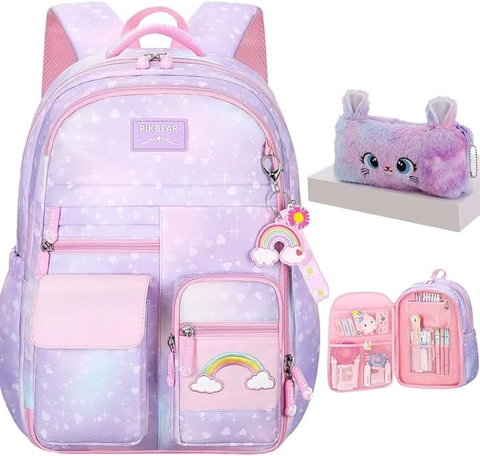 Kids Backpack for Girls Girls Backpack Rainbow School Bag for Elementary Primary School With Pen Bag -16inch Purple - Product Image