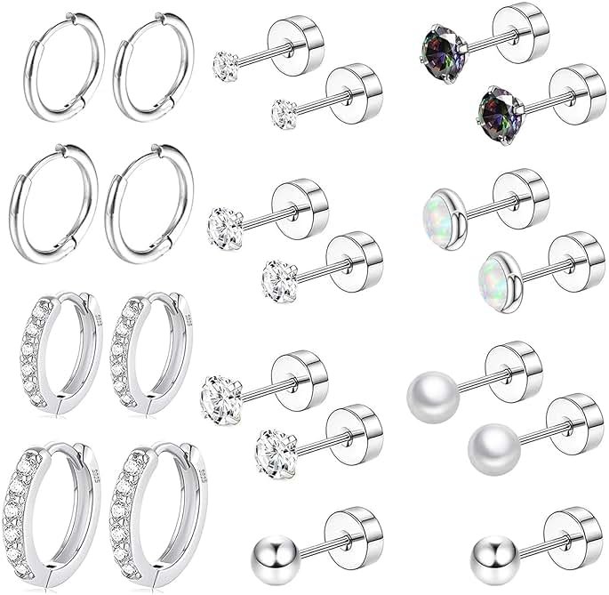 Surgical Steel Flat Back Earrings Set for Multiple Piercing Sensitive Ears,Sterling Silver Hypoallergenic Small Cartilage Huggie Hoop Earrings Titanium Tiny CZ Pearl Opal Stud Earrings for Women - Product Image
