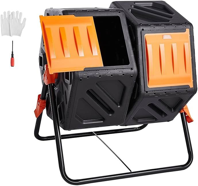 VEVOR Compost Bin, 37-Gal Dual Chamber Composting Tumbler, High Volume Two Rotating Chambers with 2 Sliding Door and Steel Frame, BPA Free Composter Bin Tumbler for Garden, Kitchen, Yard, Outdoor - Product Image