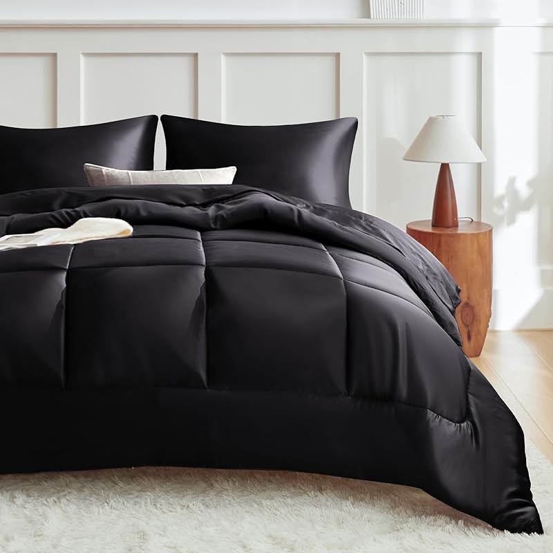 MR&HM Queen Comforter Set Black, Reversible Satin Microfiber Comforter Set for All Seasons, 3 Pieces Non-Slip Silky Soft Bedding Sets with 1 Comforter (90"x90") and 2 Pillowcases (20"x26") - Product Image