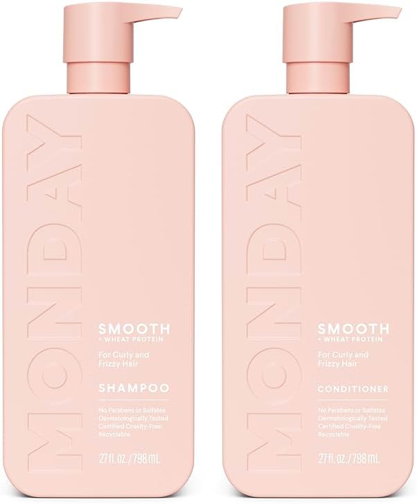 MONDAY HAIRCARE Smooth Shampoo + Conditioner Bathroom Set (2 Count) 27 oz Each For Frizzy, Coarse & Curly Hair Made with Coconut Oil, Shea Butter & Vitamin E 100% Recyclable Bottle Pink - Product Image