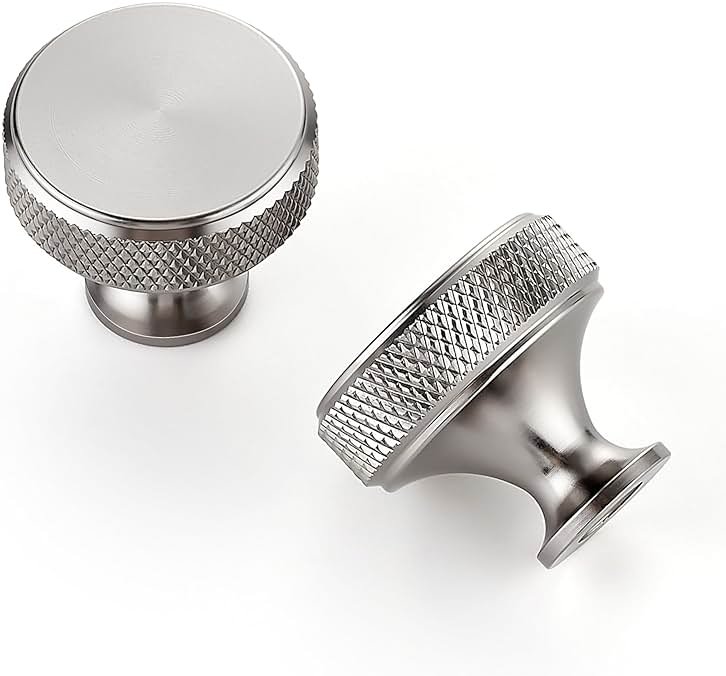 JOY DECOR 25 Pack Stainless Steel Kitchen Cabinet Hardware Knobs Round Solid Knurled Handles Single Hole Drawer Knobs for Cabinet Furniture Brushed Nickel Dresser Pulls - Product Image