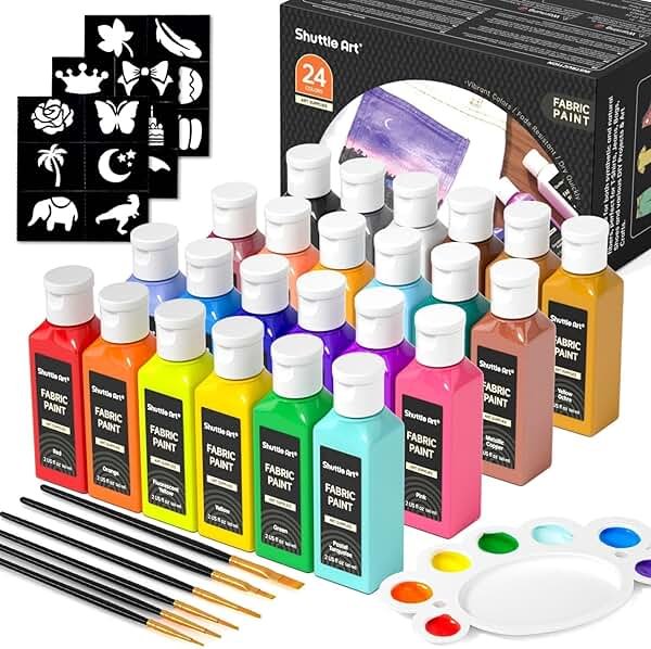 Shuttle Art Fabric Paint 24 Colors Permanent Soft Fabric Paint in Bottles (60ml/2oz) with Brushes &Stencils, Non-Toxic Textile Paint for T-Shirts, Shoes, Jeans, Bags, DIY Projects & Crafts - Product Image
