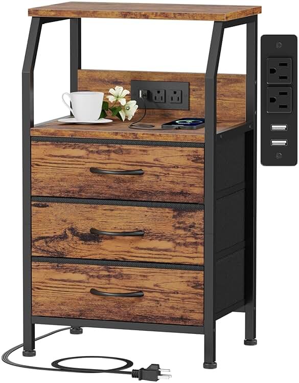 Furnulem Night Stand with Charging Station, USB Ports and Outlets, 28.3 Inch Tall Bedside Table with Wood Shelf, 3 Fabric Drawers Side Table for Bedroom, 3 Ways to Use, Rustic Brown - Product Image