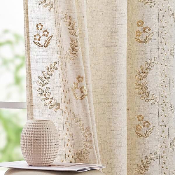 jinchan Belrose Linen Curtains for Bedroom Floral Curtains 84 Inch Length Linen Blend Beige Embroidered Drapes Farmhouse Flower Patterned Drapes for Living Room Window Treatments Set 2 Panels - Product Image