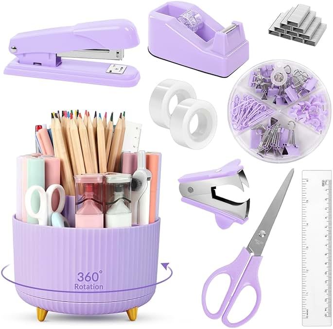 SKYDUE Purple Office Supplies Set, Purple Office Desk Accessories 10PCS, Pencil Holder for Desk, Stapler, Tape Dispenser, Scissors, Ruler, Binder/Paper Clips and 1000pcs Staples,Desk Supplies Set - Product Image