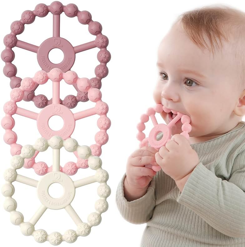 3 Pack Ring Teether Baby Infant Toys, Baby Essentials, Silicone Teething Ring Toys for Babies 0-6 Months, Seposeve Toddler Teethers 6-12 Months 12-24 Months, Infant Teething Relief, Purple Pink White - Product Image