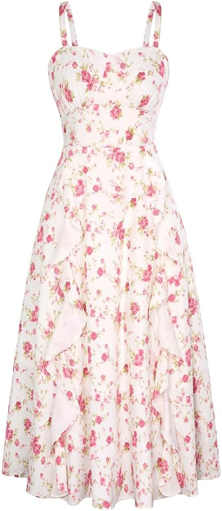 Belle Poque Sun Dresses for Women Spring Summer Floral Midi Flowy Spaghetti Ruffle Wedding Guest Tea Party Dress - Product Image