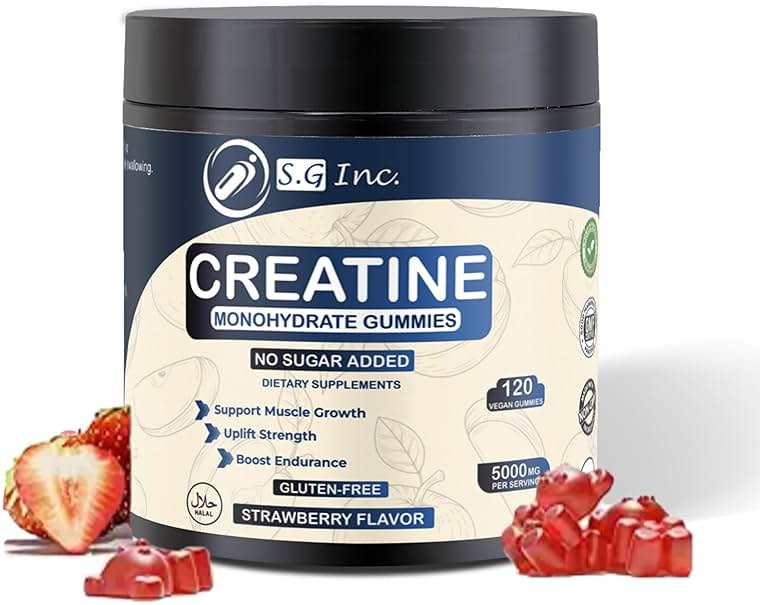 S.G Creatine Monohydrate Gummies for Men & Women ‒ Sugar Free - Vegan - 5g Creatine for Muscle Support ‒ Pre-Work Out Chewable Supplements for Energy Boost ‒ Strawberry Flavored 120ct Gummies. - Product Image