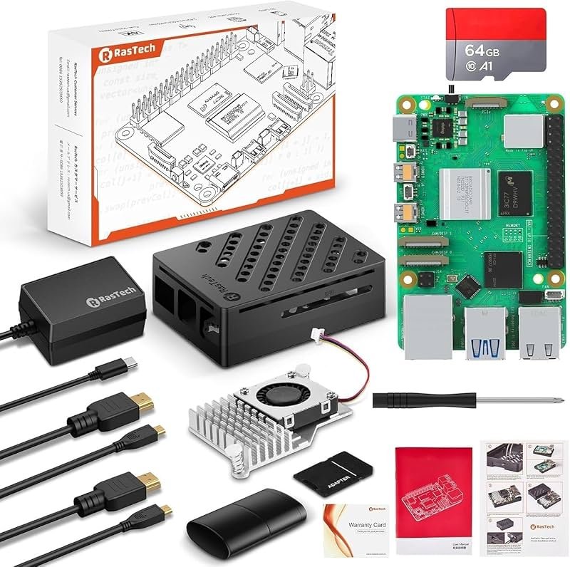 RasTech Raspberry Pi 5 8GB Kit 64GB Edition with Active Cooler,27W GaN 5.1V5A USB-C Power Supply,Pi5 8GB Board,64GB Card Readers Kit,Pi 5 Case,Dual 4K Micro HD Out Cables and User Manual - Product Image