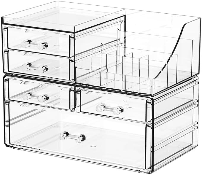 SUOXING Clear Acrylic Makeup Organizer for Vanity,Bathroom,Dresser,5 Drawer Make up Organizers for Counter,Plastic Countertop Makeup Storage for Beauty,Hair Accessory,Brush,Cosmetic,Skincare Organizer - Product Image