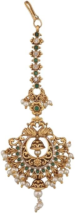 TARINIKA Antique Gold Maang Tikka Indian Headpiece Jewelry for Wedding & Festive Occasions | CZ Stone & Brass Alloy | Traditional Hair Accessories for Women - Product Image