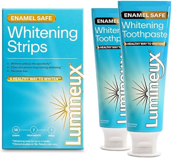 Lumineux Whitening Starter Set – Peroxide Free - Enamel Safe for Whiter Teeth – Includes 7 Whitening Treatments & 2 Pack Whitening Toothpaste Certified Non-Toxic, Fluoride Free & Dentist Formulated - Product Image